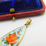 Sterling Silver Gilt Rose Flower Enamel Drop Pendant 1988 Birmingham