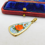 Sterling Silver Gilt Rose Flower Enamel Drop Pendant 1988 Birmingham