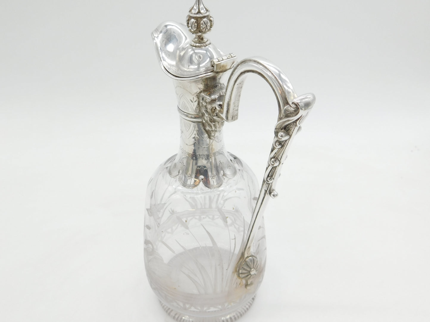 19th Century Silver Plated Etched Glass Lion & Swan Claret Jug Antique c1860