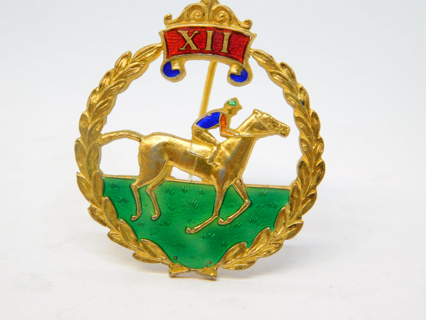 Gold on Sterling Silver & Enamel Horse Racing Brooch Vintage 1968 Birmingham