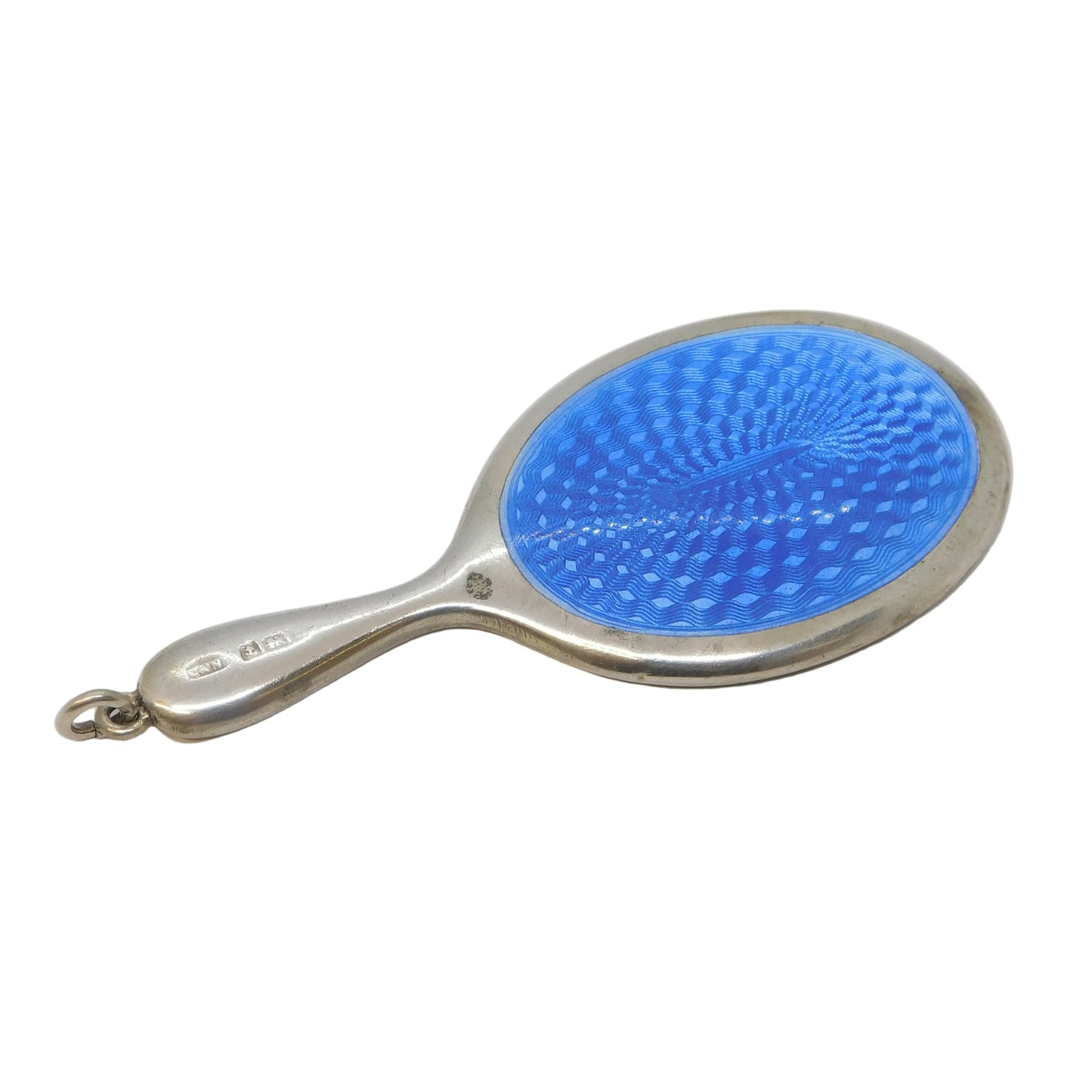 Sterling Silver Blue Guilloche Enamel Chatelaine Mirror Fob Antique 1924 Deco