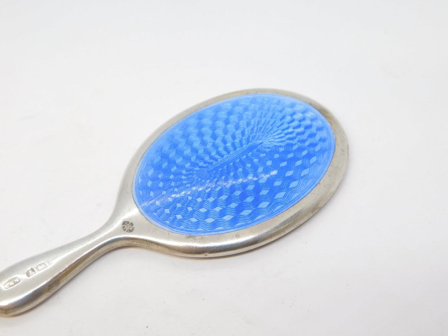 Sterling Silver Blue Guilloche Enamel Chatelaine Mirror Fob Antique 1924 Deco