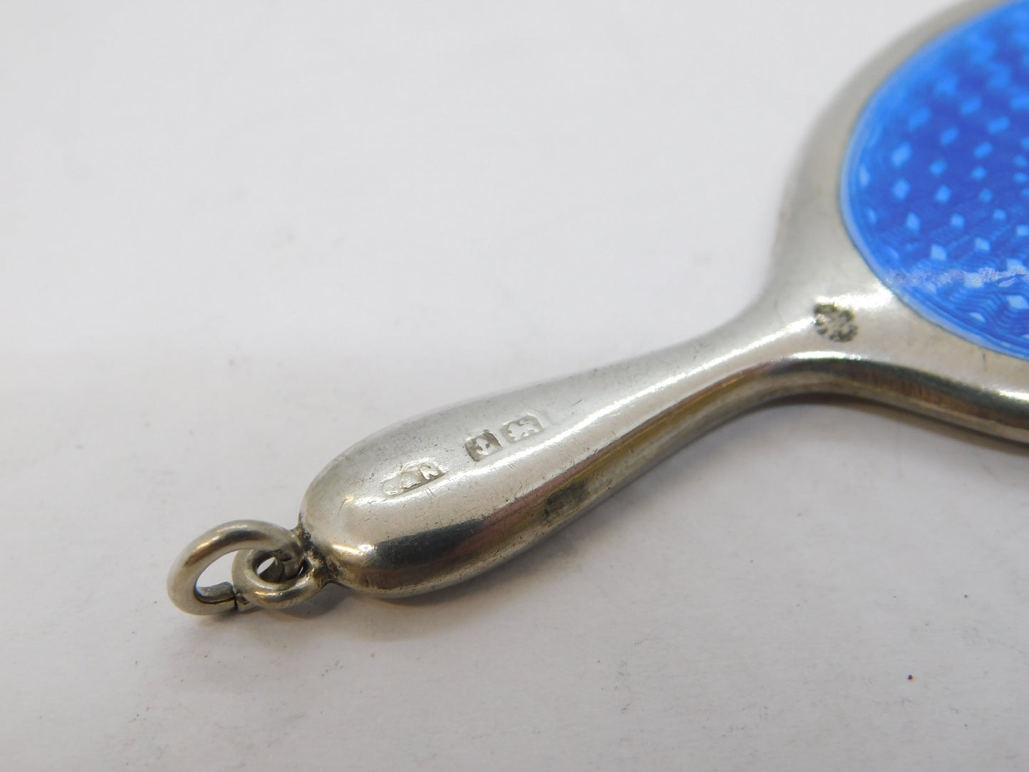 Sterling Silver Blue Guilloche Enamel Chatelaine Mirror Fob Antique 1924 Deco