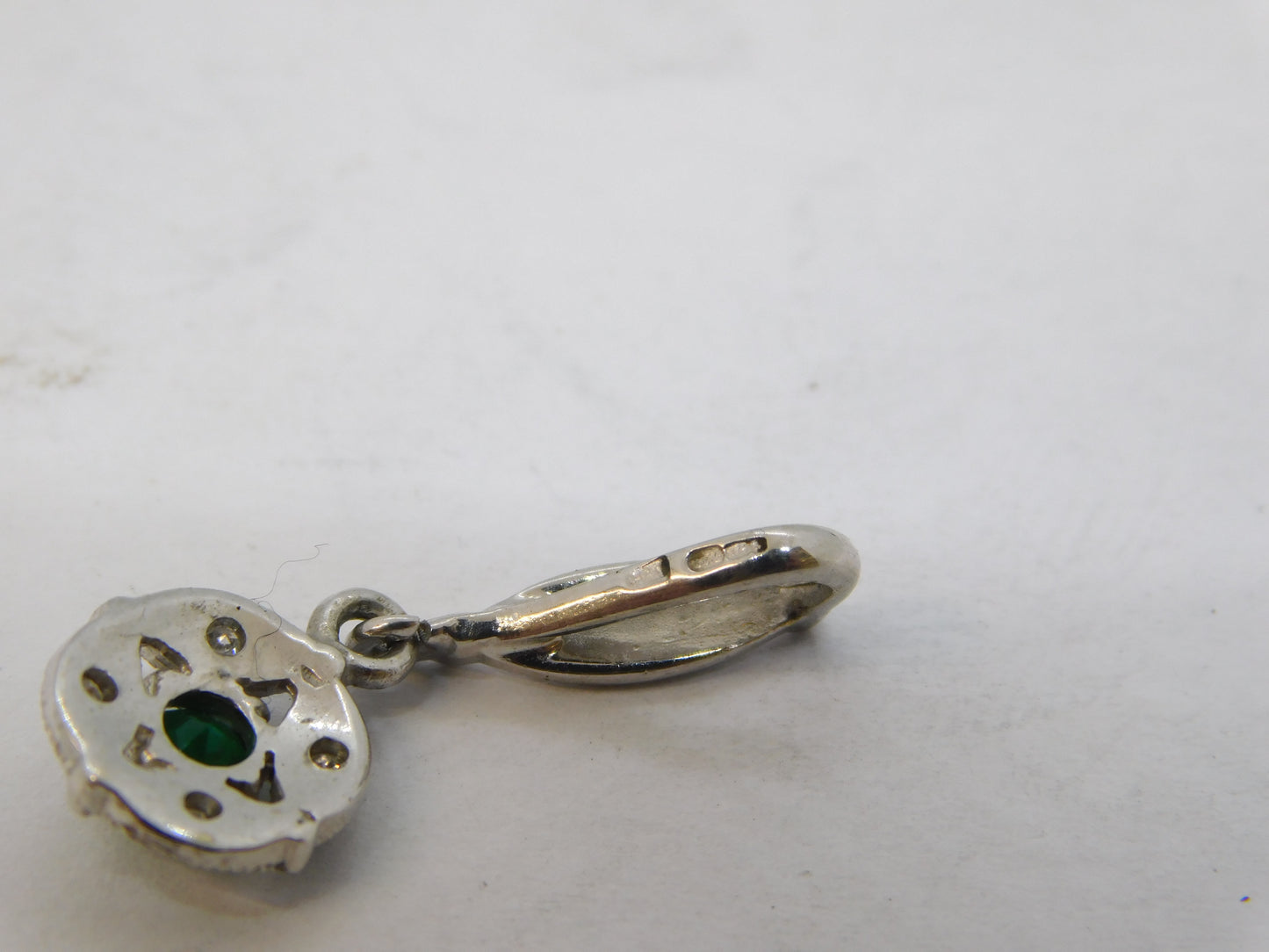 9ct White Gold, Emerald & Diamond Drop Pendant Vintage c1990 Birmingham