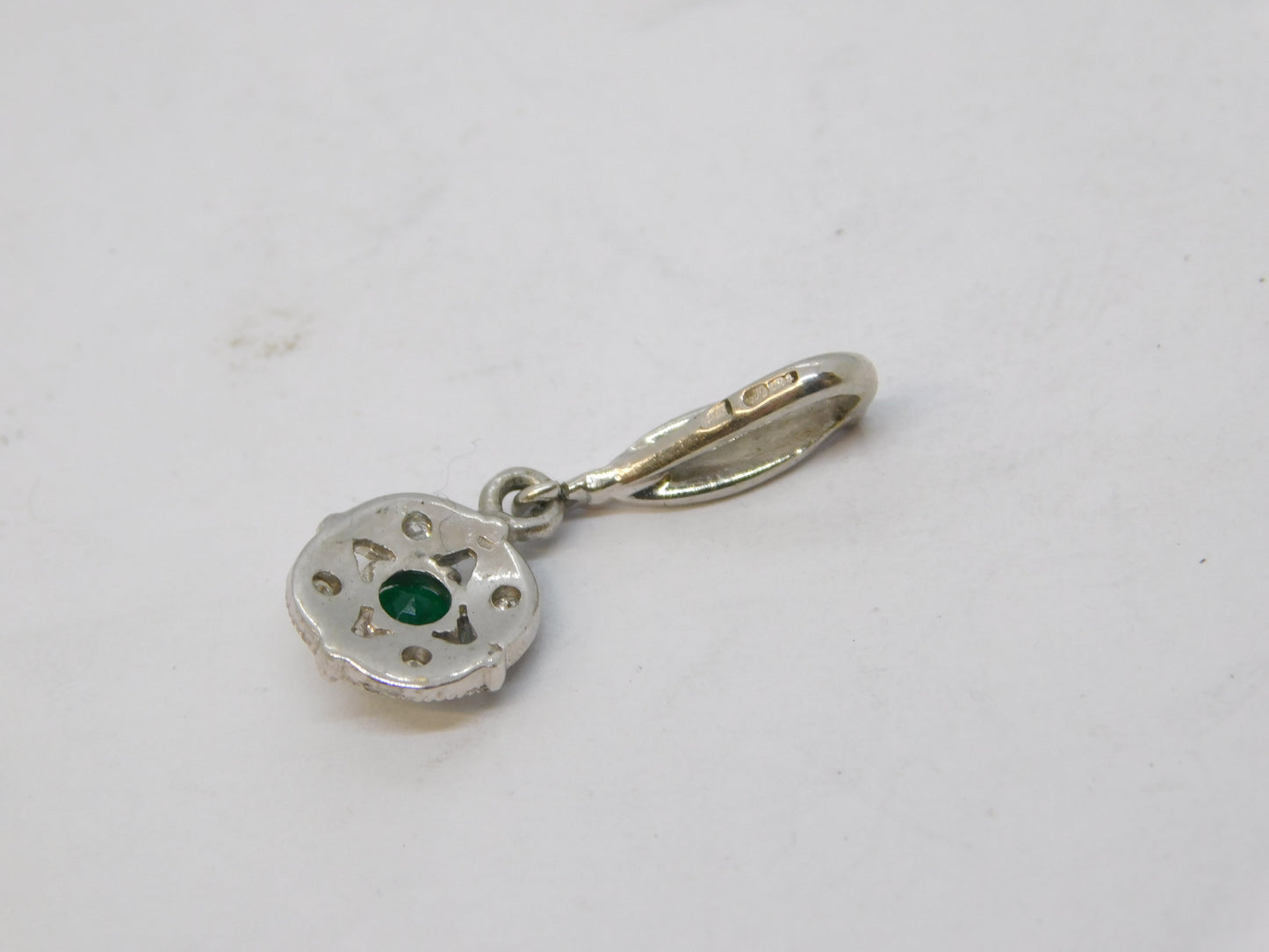 9ct White Gold, Emerald & Diamond Drop Pendant Vintage c1990 Birmingham