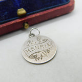 Victorian Sterling Silver 'Henrie' Threepence Coin Love Token Charm Antique 1890