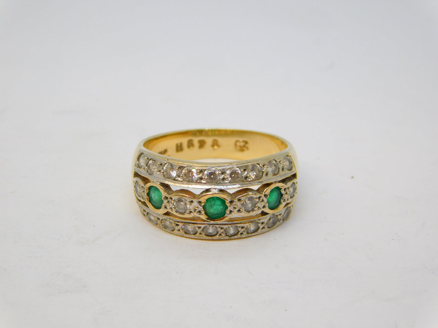 9ct Yellow Gold, Emerald & Spinel Set Three-Tier Dress Ring Vintage c1990