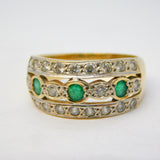 9ct Yellow Gold, Emerald & Spinel Set Three-Tier Dress Ring Vintage c1990