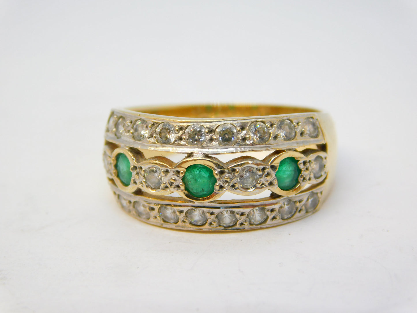 9ct Yellow Gold, Emerald & Spinel Set Three-Tier Dress Ring Vintage c1990