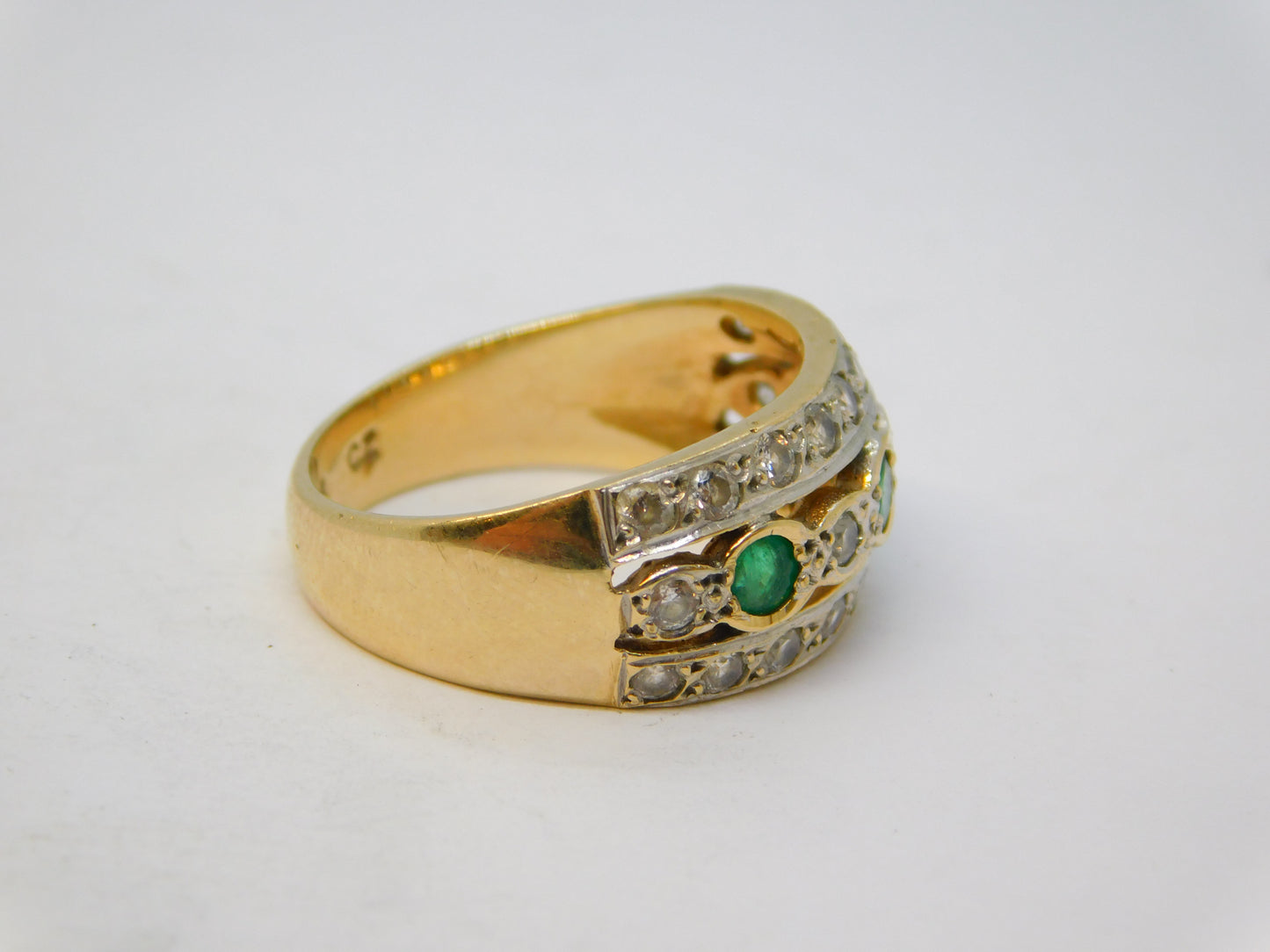 9ct Yellow Gold, Emerald & Spinel Set Three-Tier Dress Ring Vintage c1990