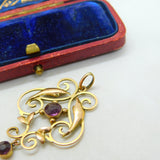 9ct Yellow Gold & Amethyst Set Lavalier Art Nouveau Pendant Antique c1910