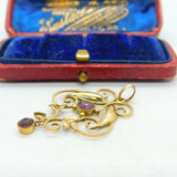 9ct Yellow Gold & Amethyst Set Lavalier Art Nouveau Pendant Antique c1910