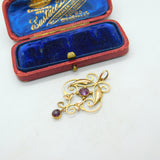 9ct Yellow Gold & Amethyst Set Lavalier Art Nouveau Pendant Antique c1910