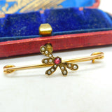 Edwardian 9ct Yellow Gold, Seed Pearl & Garnet Dragonfly Brooch Antique c1910