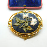 Large Pinchbeck Gold Victorian Pietra Dura Floral Brooch Antique c1860