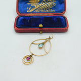 Edwardian 9ct Gold, Topaz & Tourmaline Lavalier Drop Pendant Antique c1910