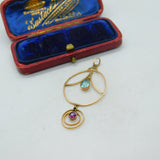 Edwardian 9ct Gold, Topaz & Tourmaline Lavalier Drop Pendant Antique c1910
