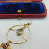 Edwardian 9ct Gold, Topaz & Tourmaline Lavalier Drop Pendant Antique c1910