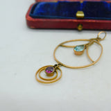 Edwardian 9ct Gold, Topaz & Tourmaline Lavalier Drop Pendant Antique c1910