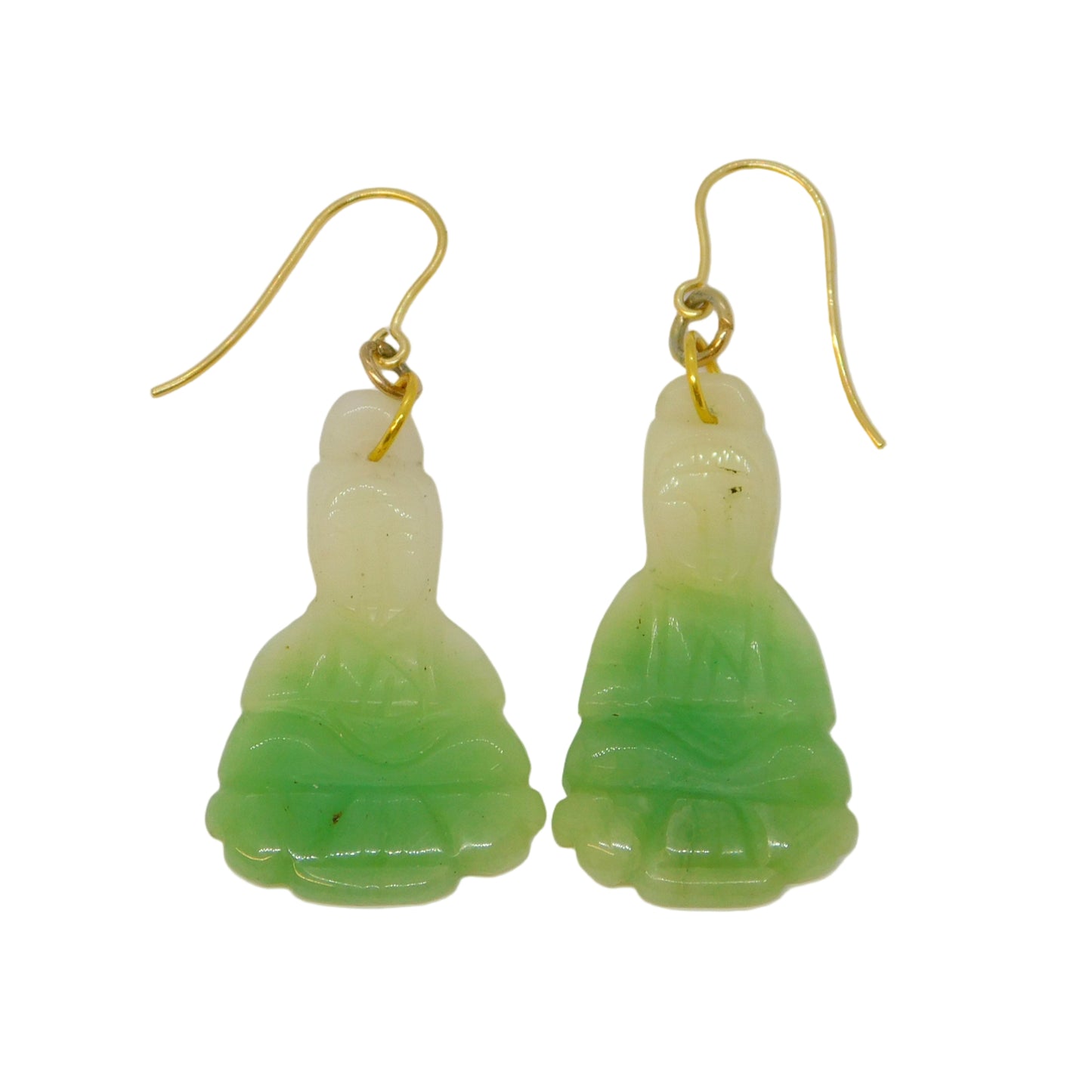 19th Century Chinese Carved Jade Buddha 9ct Yellow Gold Hook Earrings Antique