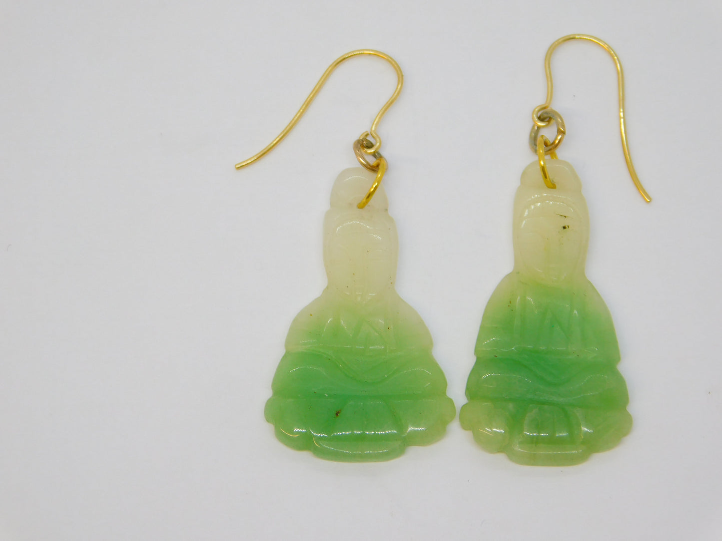 19th Century Chinese Carved Jade Buddha 9ct Yellow Gold Hook Earrings Antique