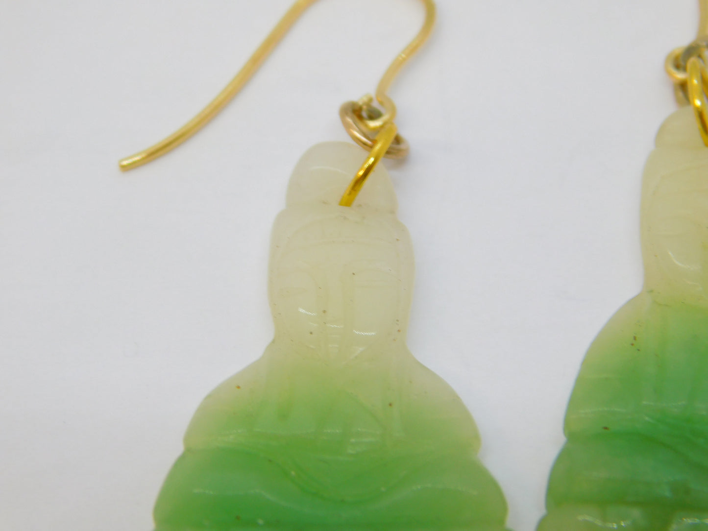 19th Century Chinese Carved Jade Buddha 9ct Yellow Gold Hook Earrings Antique