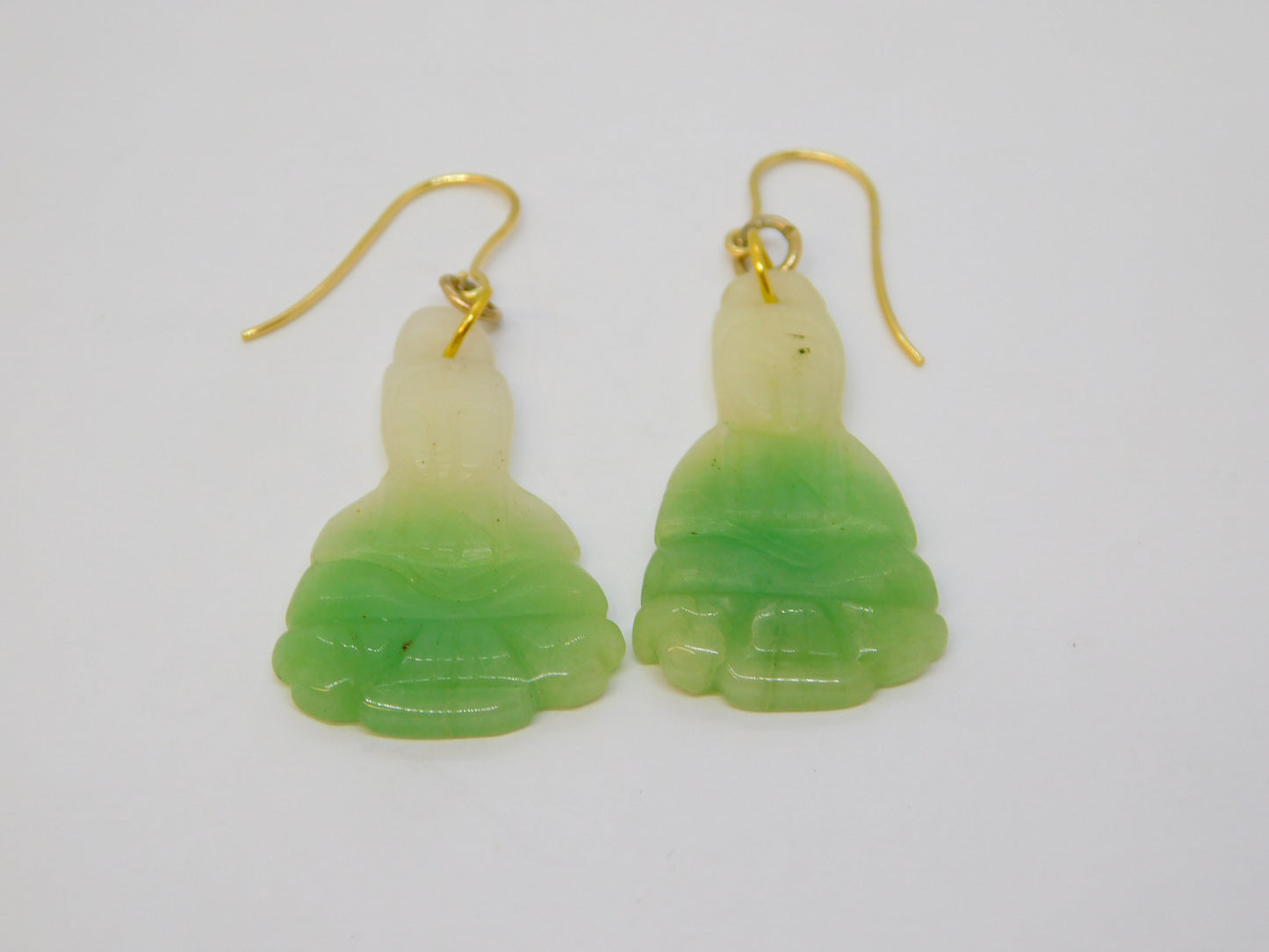 19th Century Chinese Carved Jade Buddha 9ct Yellow Gold Hook Earrings Antique