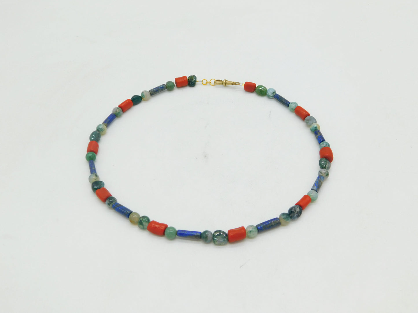 Victorian Moss Agate, Coral, Lapis Lazuli Necklace Pinchbeck Dog Clip Antique