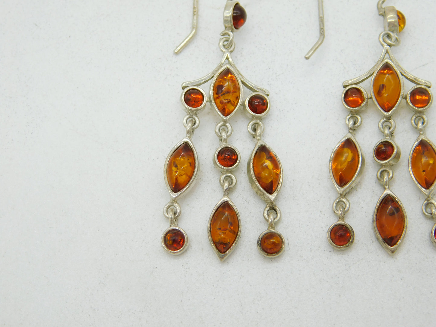 Sterling Silver Baltic Amber Set Dangling Hook Earrings Vintage c1970