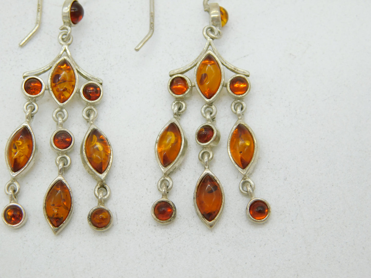 Sterling Silver Baltic Amber Set Dangling Hook Earrings Vintage c1970