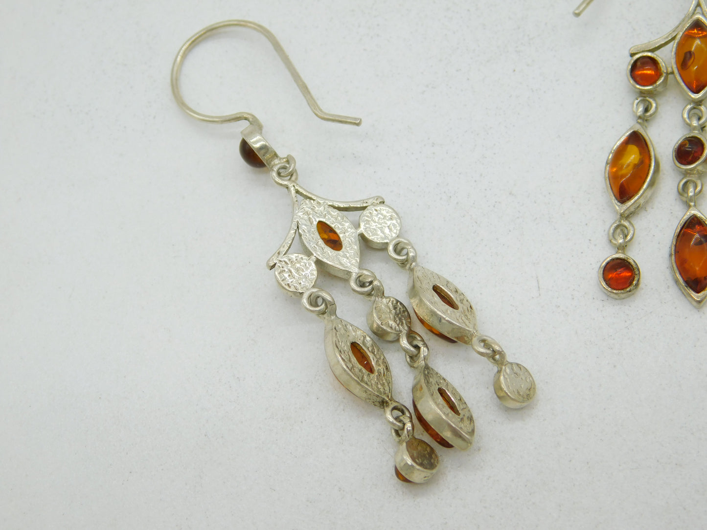 Sterling Silver Baltic Amber Set Dangling Hook Earrings Vintage c1970