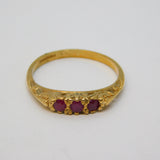 9ct Yellow Gold Three-Stone Ruby Set Dress Ring Vintage c1980 Birmingham