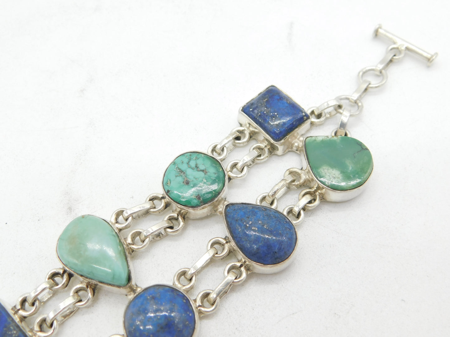 Sterling Silver Large Lapis Lazuli & Turquoise Dress Bracelet Vintage c1980