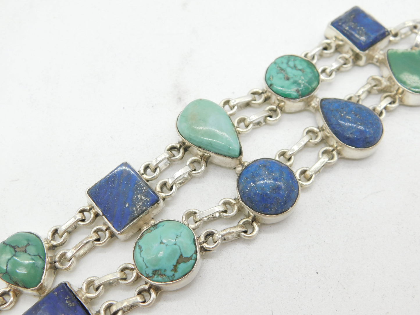 Sterling Silver Large Lapis Lazuli & Turquoise Dress Bracelet Vintage c1980
