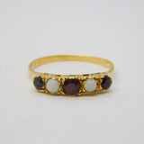 18ct Yellow Gold, Bohemian Garnet & Opal Five-Stone Ring Vintage c1970