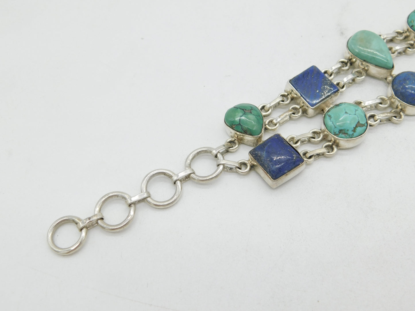 Sterling Silver Large Lapis Lazuli & Turquoise Dress Bracelet Vintage c1980