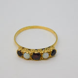 18ct Yellow Gold, Bohemian Garnet & Opal Five-Stone Ring Vintage c1970