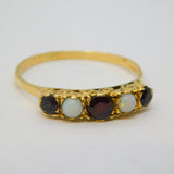 18ct Yellow Gold, Bohemian Garnet & Opal Five-Stone Ring Vintage c1970
