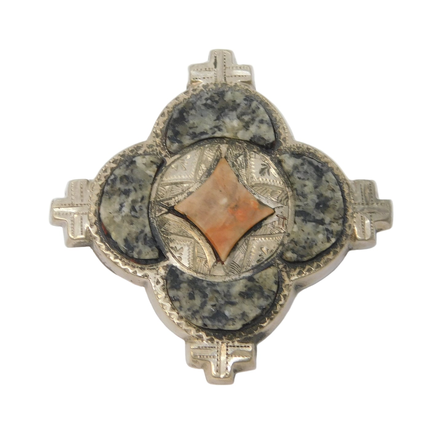 19th Century Scottish Sterling Silver, Granite & Carnelian Agate Brooch Antique