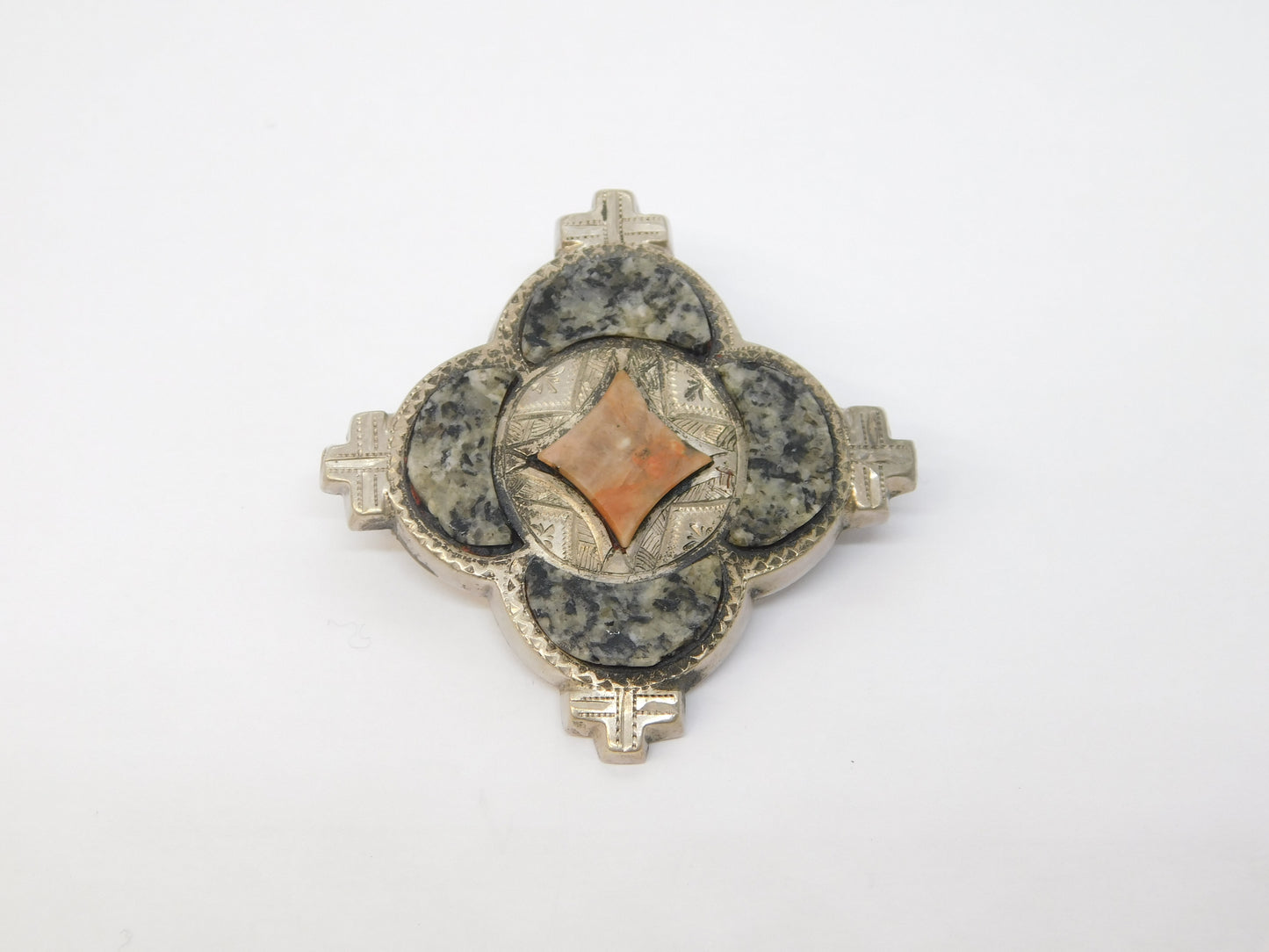 19th Century Scottish Sterling Silver, Granite & Carnelian Agate Brooch Antique