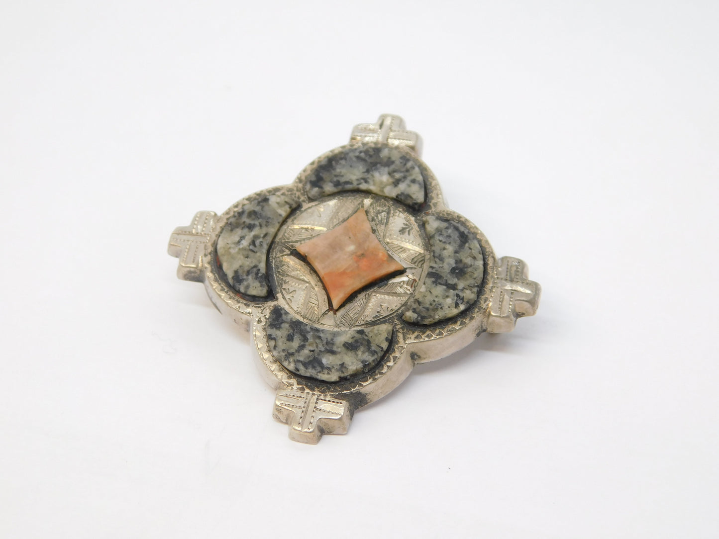 19th Century Scottish Sterling Silver, Granite & Carnelian Agate Brooch Antique
