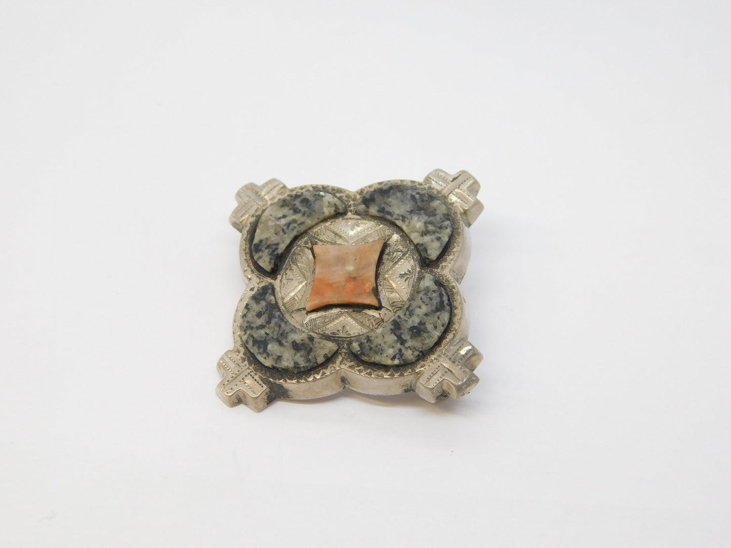 19th Century Scottish Sterling Silver, Granite & Carnelian Agate Brooch Antique