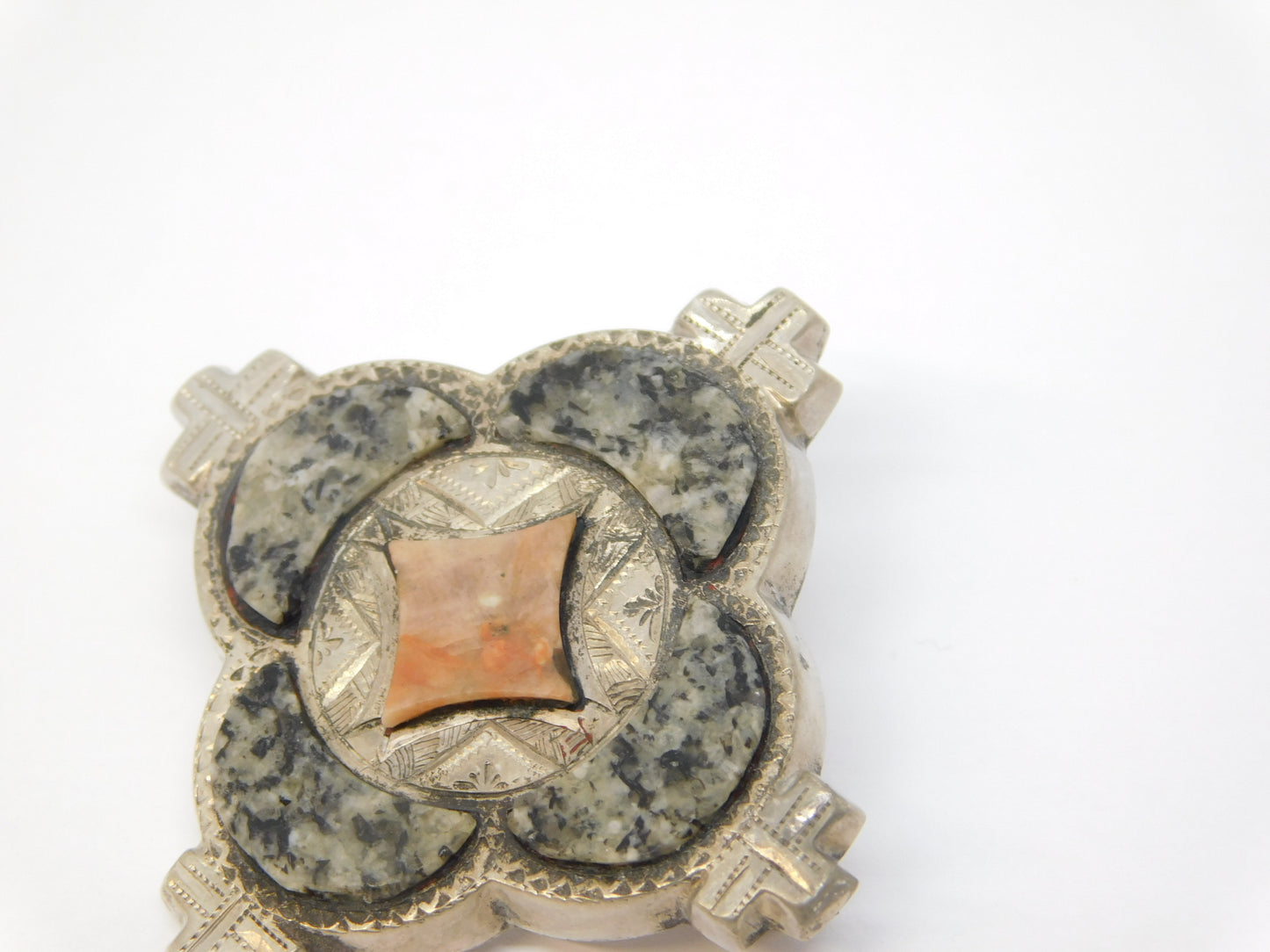 19th Century Scottish Sterling Silver, Granite & Carnelian Agate Brooch Antique