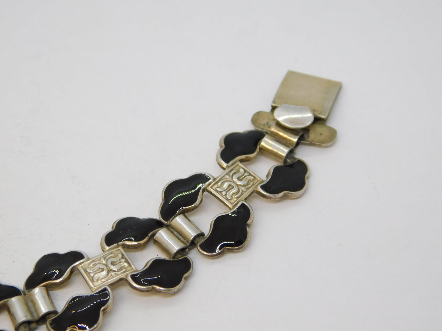 Norwegian Sterling Silver Black Enamel Panel Bracelet Antique c1930 Art Deco
