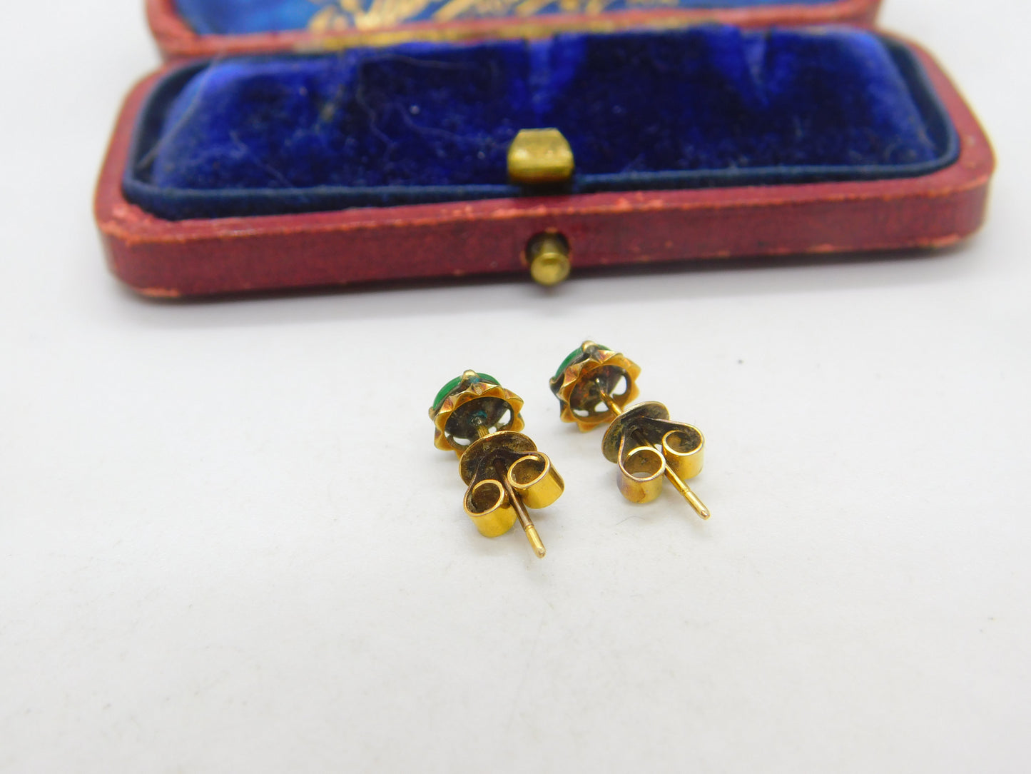 14ct Yellow Gold & Jade Set Stud Earrings Vintage c1960