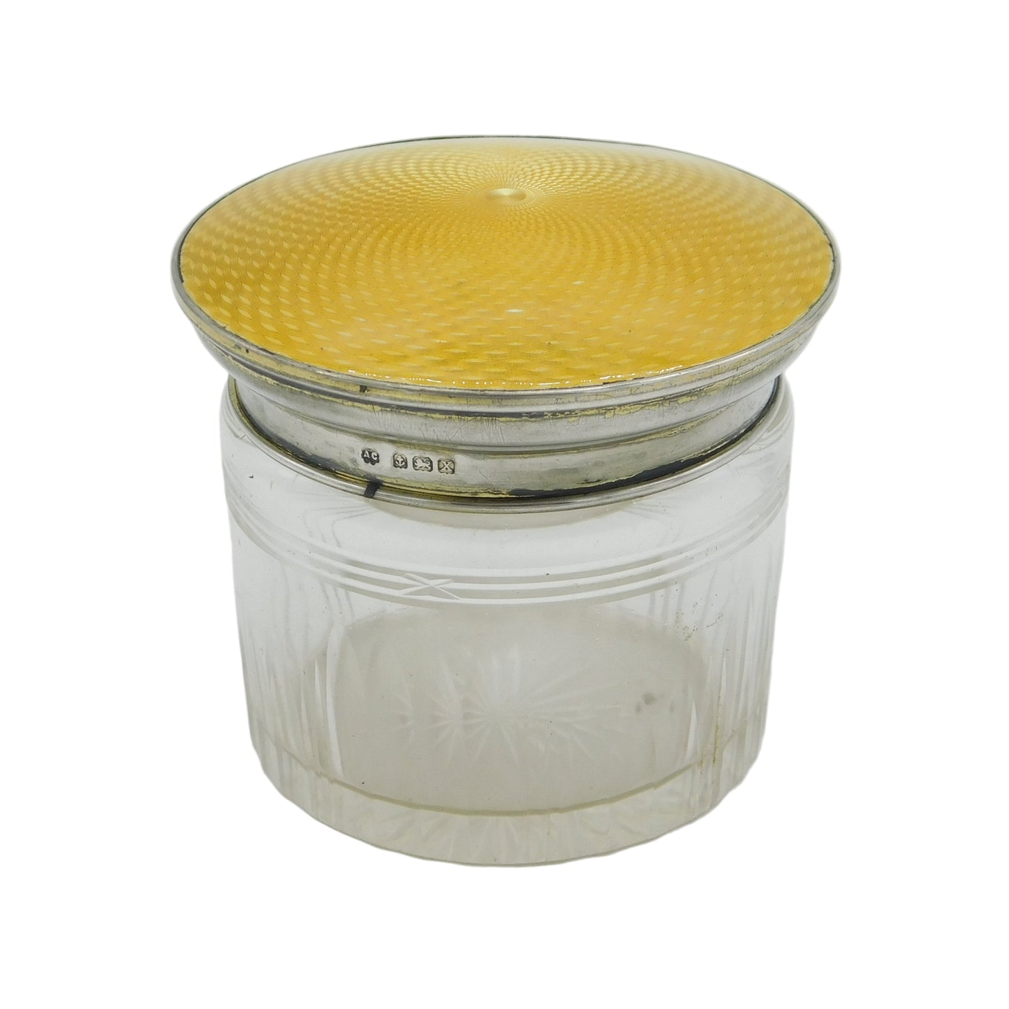 Sterling Silver, Cut Glass, Guilloche Enamel Trinket Pot Antique 1922 Birmingham Art Deco