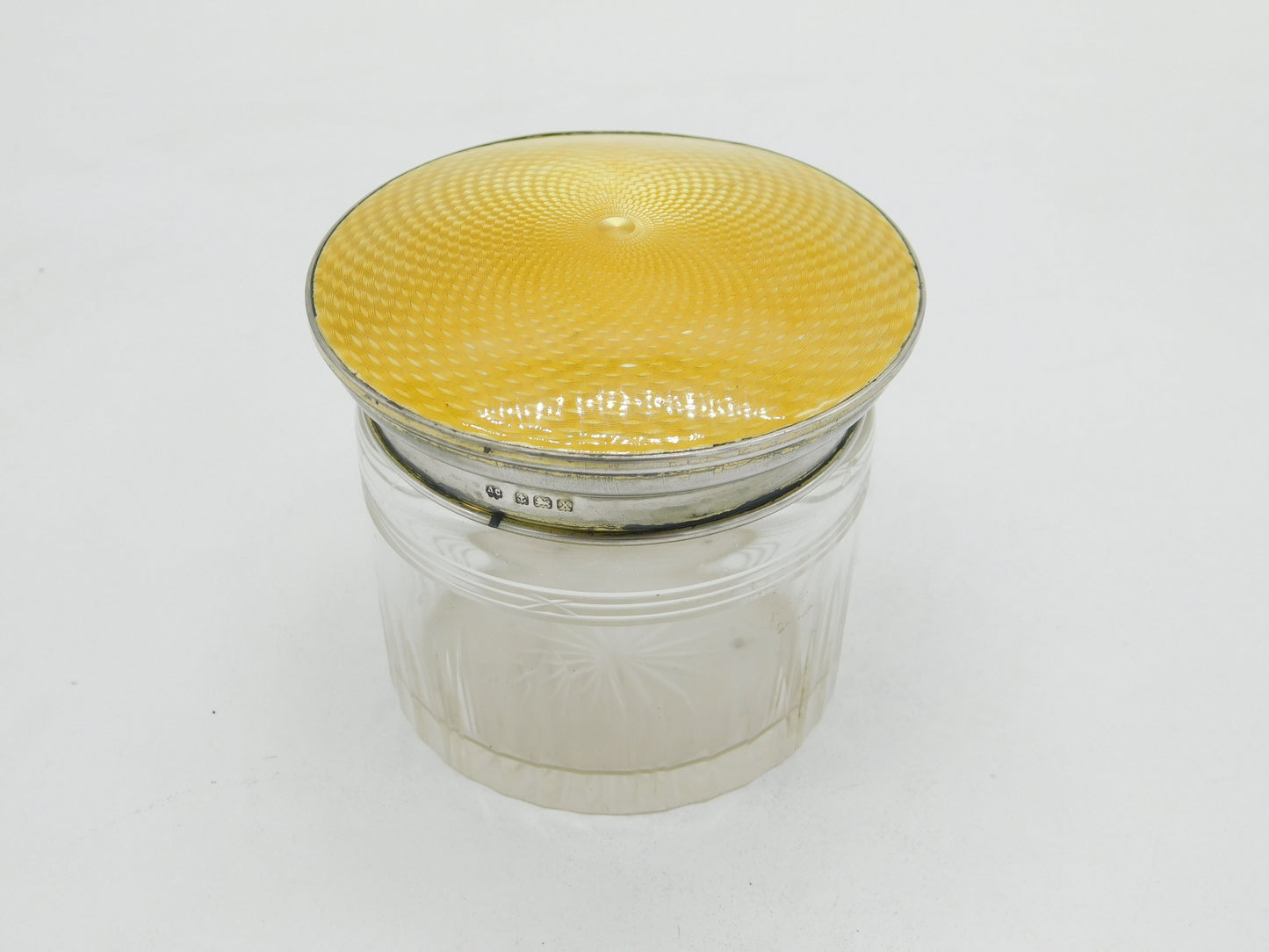 Sterling Silver, Cut Glass, Guilloche Enamel Trinket Pot Antique 1922 Birmingham Art Deco