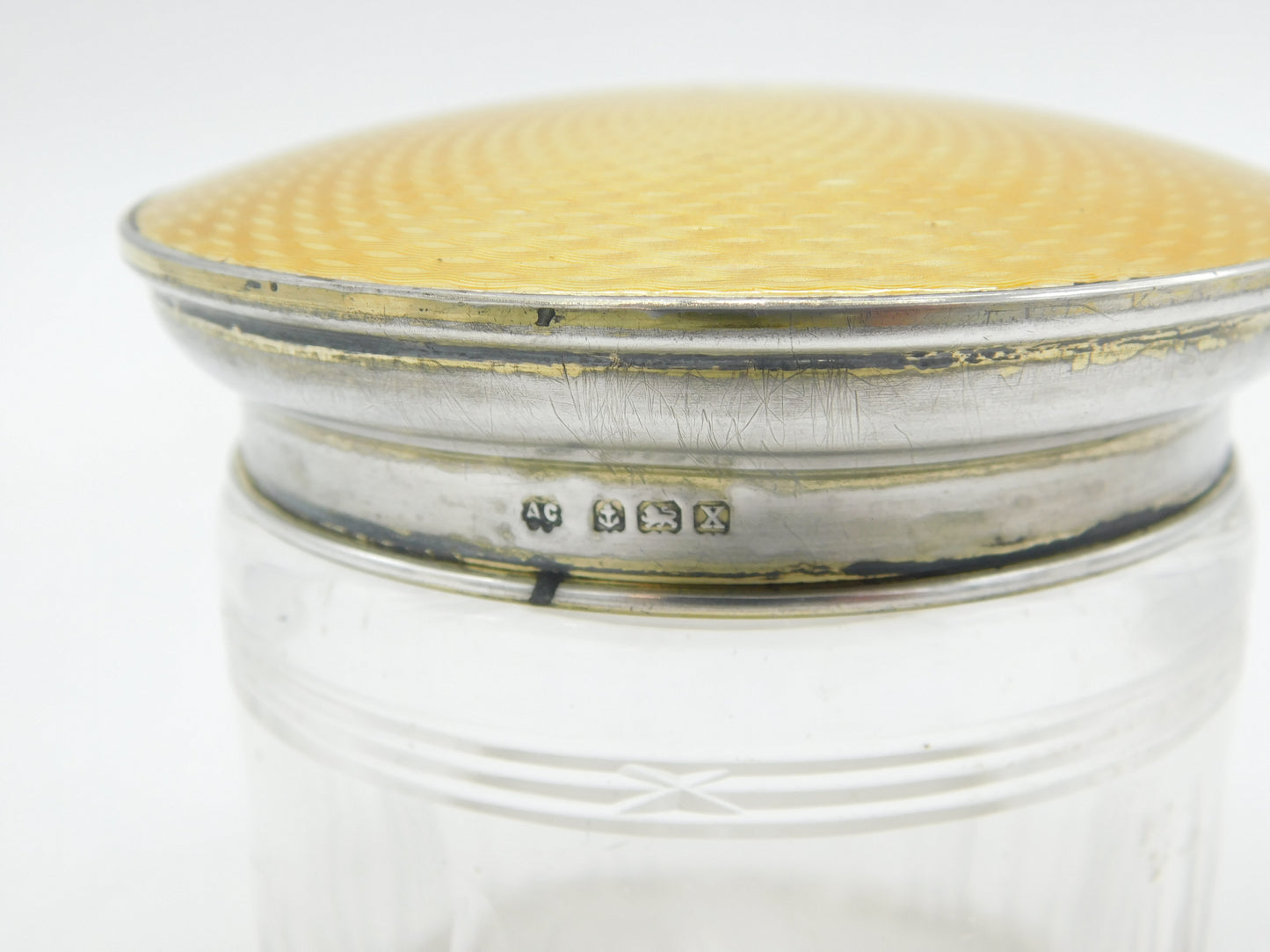 Sterling Silver, Cut Glass, Guilloche Enamel Trinket Pot Antique 1922 Birmingham Art Deco