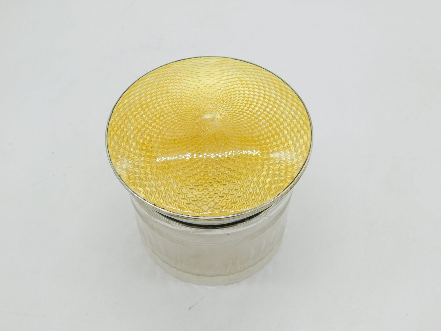 Sterling Silver, Cut Glass, Guilloche Enamel Trinket Pot Antique 1922 Birmingham Art Deco