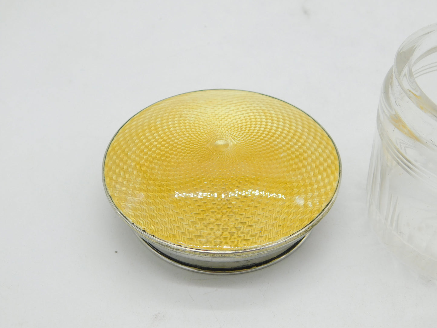 Sterling Silver, Cut Glass, Guilloche Enamel Trinket Pot Antique 1922 Birmingham Art Deco